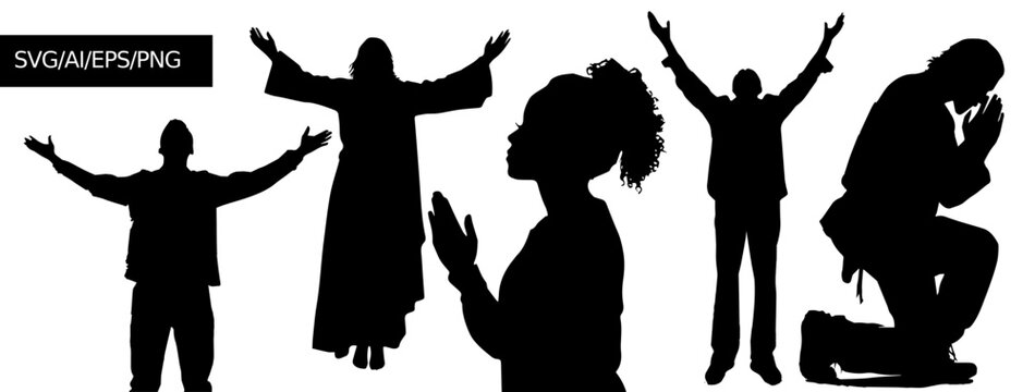Silhouettes of people worshiping God, praying to Him, praising the LORD, worship together, silhouette set