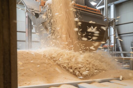 hpt mill, with sawdust and wood chips flying in the air, during production cycle, created with generative ai