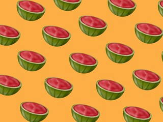Seamless pattern with ripe watermelon on yellow background. 