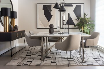 chic and modern dining room, featuring sleek table with metal legs and geometric placemats, created with generative ai
