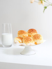 Bread and milk on the white table