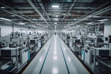 a factory floor filled with automated machines, producing products at incredible speeds, created with generative ai