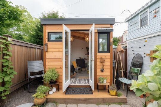 tiny home in a bustling city, with eclectic mix of people and places, created with generative ai