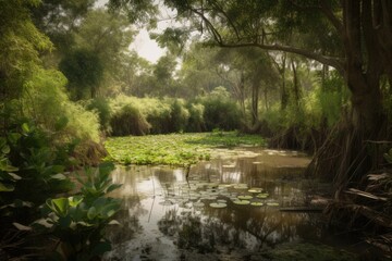 Fototapeta na wymiar secluded wetland, hidden from view and surrounded by lush greenery, created with generative ai