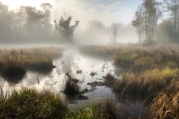 Fototapeta na wymiar swirling mist amongst marshy wetlands, with glimpses of wildlife visible, created with generative ai