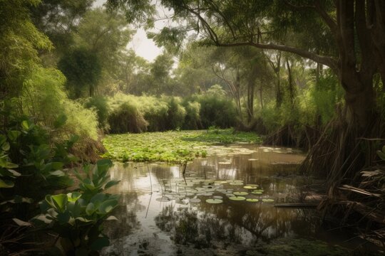 secluded wetland, hidden from view and surrounded by lush greenery, created with generative ai