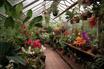 Fototapeta na wymiar greenhouse filled with tropical plants and exotic flowers, created with generative ai