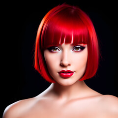 Beautiful girl with stylish red Bob hairstyle. Generative Artificial Intelligence.