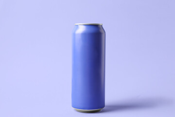 Can of fresh soda on lilac background