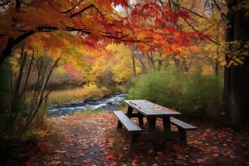 picnic table surrounded by colorful foliage and babbling brook in the background, created with generative ai