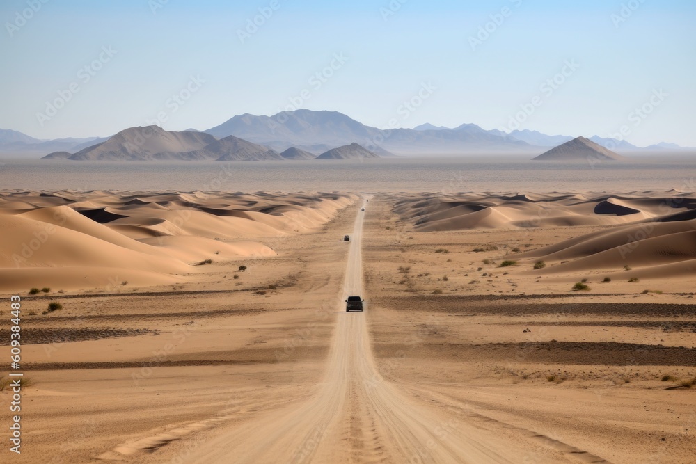 Canvas Prints road trip across the desert, with towering sand dunes in the background, created with generative ai