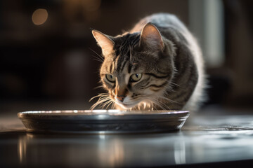 Grey cat drinking from a bowl, Generative AI