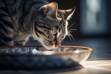 Grey cat drinking from a bowl, Generative AI
