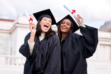 Education, portrait of college students and with certificate on their graduation day at campus....