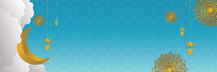 Islamic gradient color background, with beautiful mandala, lantern, moon ornament. vector template for banner, greeting card, web, for Islamic holiday.