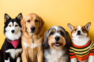 group of puppies, pastel yellow background