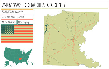 Large and detailed map of Ouachita County in Arkansas, USA.