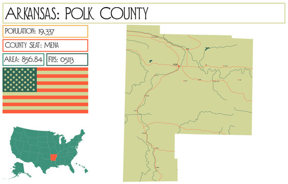 Large and detailed map of Polk County in Arkansas, USA.