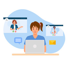 Video conference call of a business group meeting. Remote work and work from home or online webinar concept. Flat vector illustration.