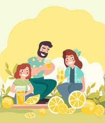 Happy family enjoys the outdoors while sipping refreshing lemonade and sharing moments of joy. Concept of active recreation in nature. Poster for or invitation for your design. Vector.