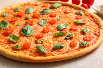 Tasty pizza margarita on white background