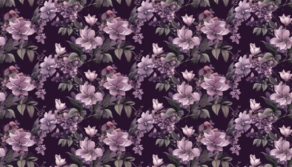 Seamless floral pattern with purple flowers and leaves. Floral fabric and textile wallpaper	