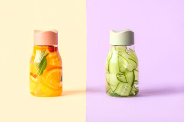 Sports bottles of infused water with different sliced fruits on colorful background