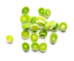 Slices of fresh leek on white background