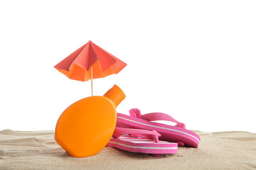 Creative composition with bottle of sunscreen cream, mini umbrella and flip flops at sand isolated...