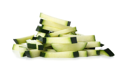 Slices of fresh green zucchini on white background