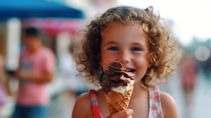 Five-year-old curly-haired girl eating ice cream, close-up, AI-generated  - Powered by Adobe