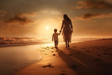 summer bank holiday, mom and son walking on the beach at sunset, generative ai