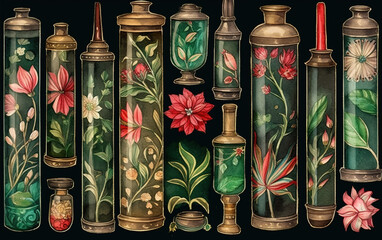 Bottles decorated with colorful patterns,created with generative ai tecnology.