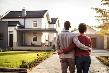 Happy homeowners. Loving couple African American embracing in front of new house. Man and woman standing outside their New Home