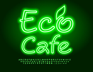 Vector glowing banner Eco Cafe with decorative Leaf. Green Neon Font. Illuminated Led set of handwritten Alphabet Letters, Numbers and Symbols