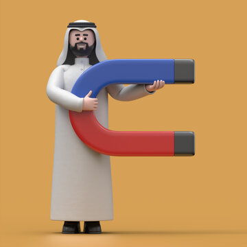 3D Illustration of smiling Arab man Hadi standing with a magnet in his hand. 3d image. 3D rendering on yellow background.

