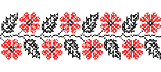 Ukrainian flowers pattern in red and black colors. Vector ornament, border, pattern. Ukrainian folk, ethnic floral embroidery. Pixel art, vyshyvanka, cross stitch