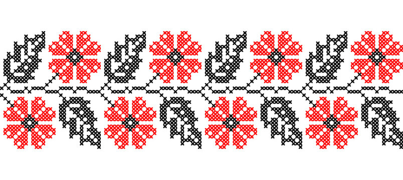 Ukrainian flowers pattern in red and black colors. Vector ornament, border, pattern. Ukrainian folk, ethnic floral embroidery. Pixel art, vyshyvanka, cross stitch