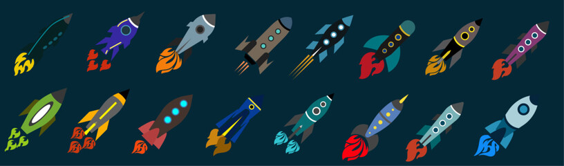 Color vector icon illustration collection of simple and cute rocket flying in outer space
