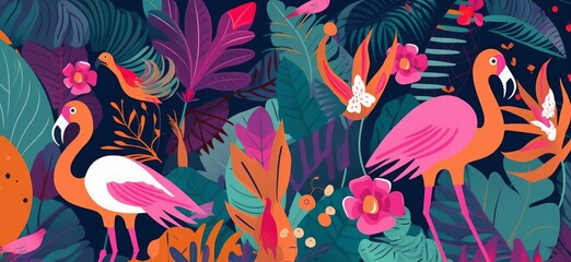 colorful illustration with tropical flowers, leaves, flamingo and birds. Brazil tropical pattern, Generative AI