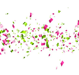 Green and pink cut out foil ribbon confetti background..