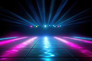 spotlights shine on stage floor in dark room
