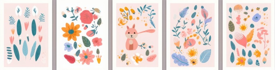 Baby posters and cards with animals and flowers pattern. illustrations with cute animals. Baby illustrations. flower collection with roses, leaves, floral bouquets, flower, Generative AI