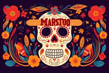 Beautiful illustration with design  for Mexican holiday 5 may Cinco De Mayo. template with traditional Mexican symbols skull, Mexican guitar, flowers, red, Generative AI