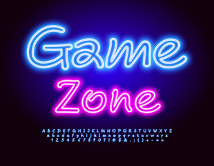 Vector Neon Banner Game Zone. Trendy Glowing Font. Creative Alphabet Letters and Numbers.