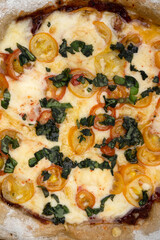 Closeup view of a pizza with mozzarella and provolone cheese, garlic and cherry tomatoes. 