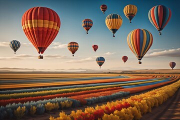 Fototapeta premium Whimsical Hot Air Balloons Floating Above a Patchwork of Colorful Fields ai generates