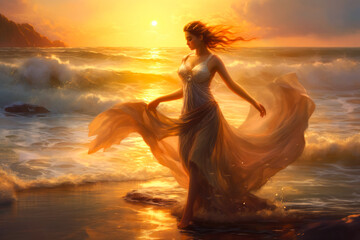 Woman in white dress walking on the seashore at dawn, painting, Celtic. Generative AI
