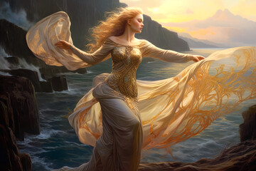 Woman in golden wind blown dress on rocky seashore at dawn, fantasy painting. Generative AI