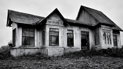 Obraz premium black and white photo of creepy house. Generated AI